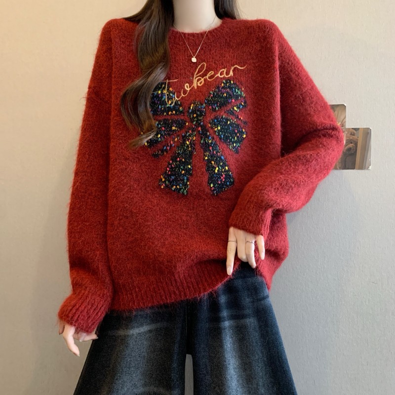 红色蝴蝶结套头圣诞毛衣女秋冬大码胖妹妹宽松亮片新年针织衫上衣