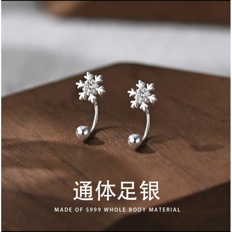 足银耳饰 S999银雪花耳钉女镶钻简约养耳洞睡觉免摘精致百搭轻奢