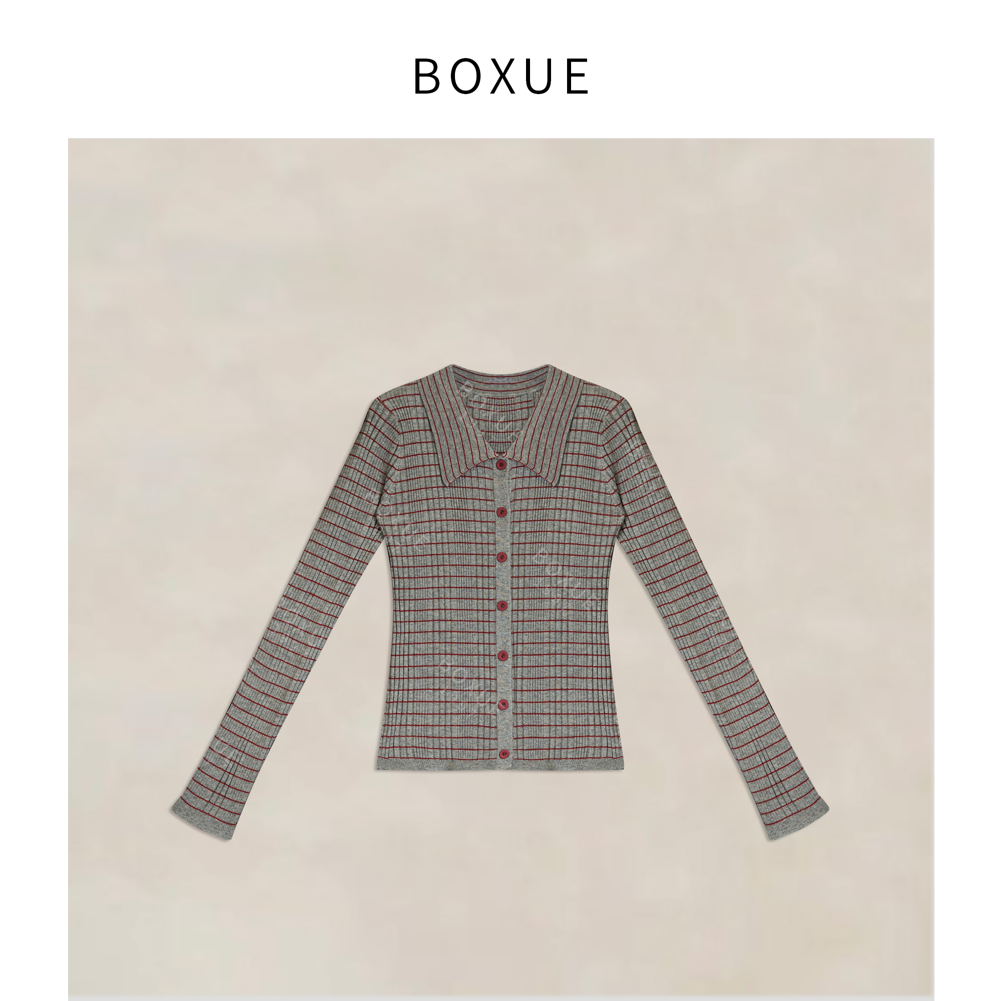 BOXUE“雨绯”2025秋冬翻领羊.毛条纹褶皱轻奢 外套#251119W6778