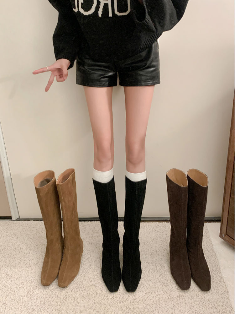 加绒复古卡其色瘦瘦靴中长靴女鞋2025年新款秋冬季长筒骑士靴子