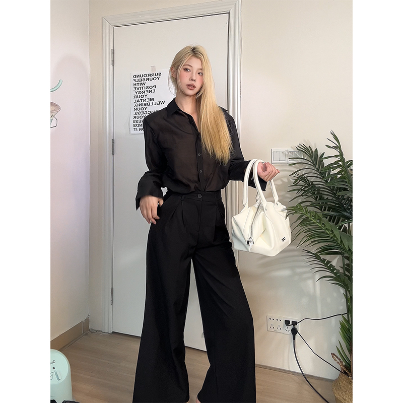 高级感时尚简约衬衫上衣高腰直筒松弛感休闲宽松高腰休闲阔腿裤女