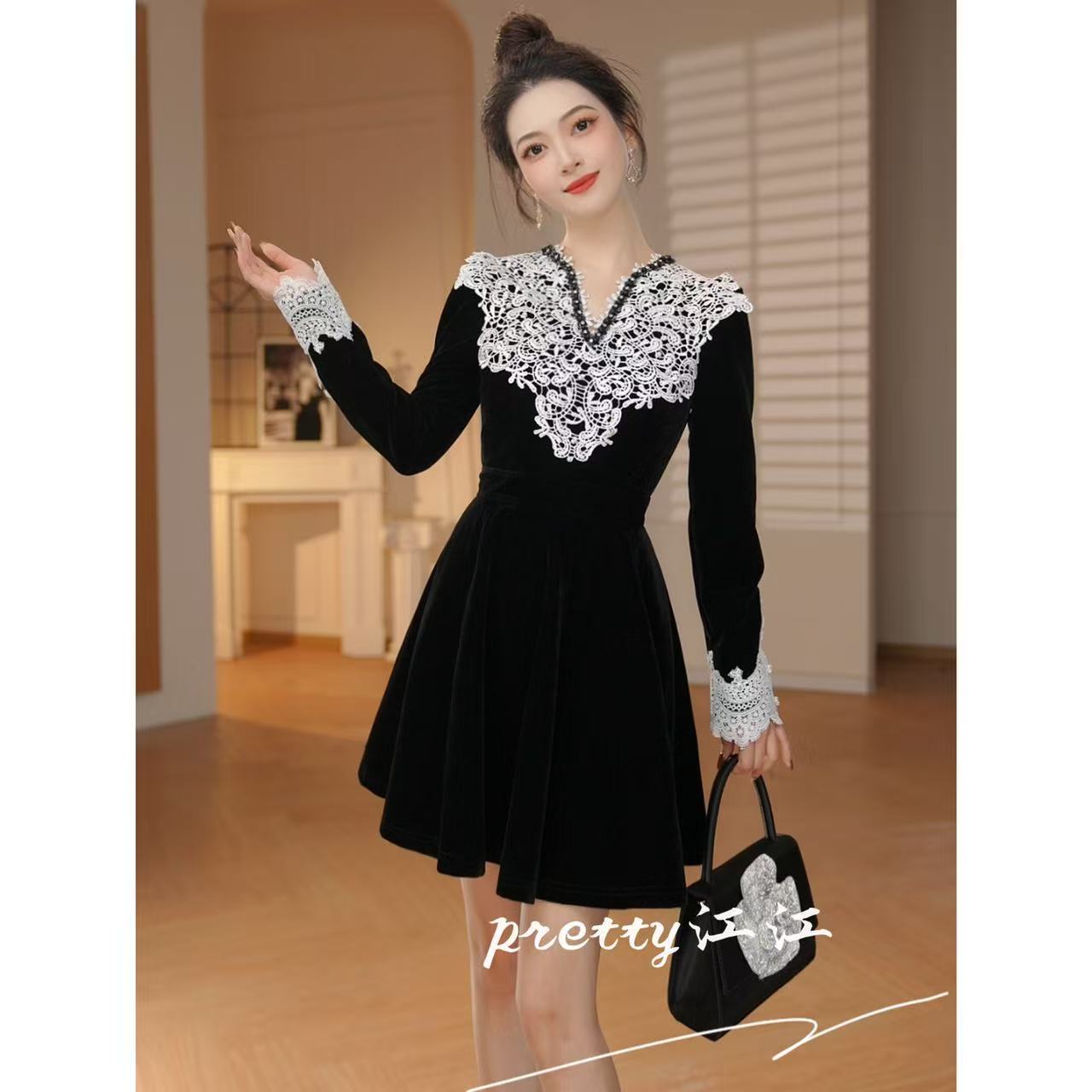 Pretty小众设计师品牌江江定制 法式复古赫本风气质连衣裙21971