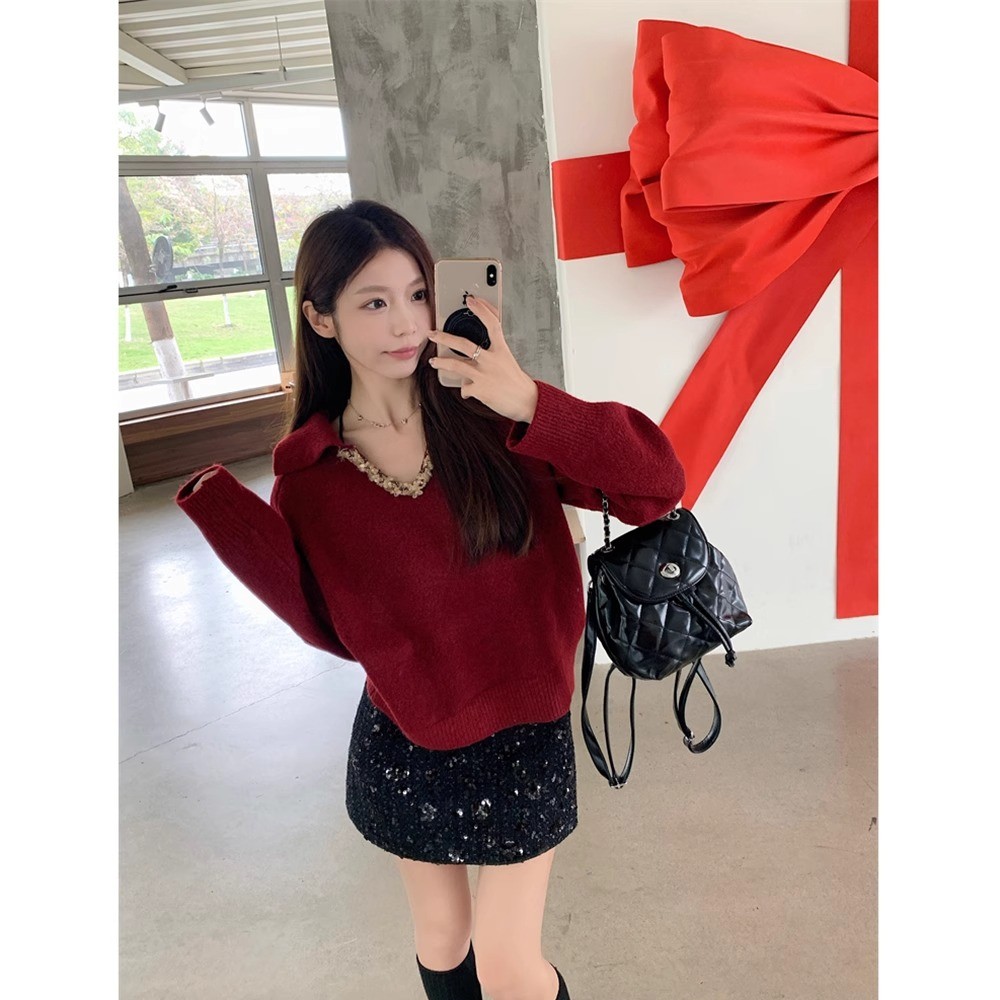 法式V领重工亮片红色毛衣女2024新款秋冬宽松套头针织衫气质上衣
