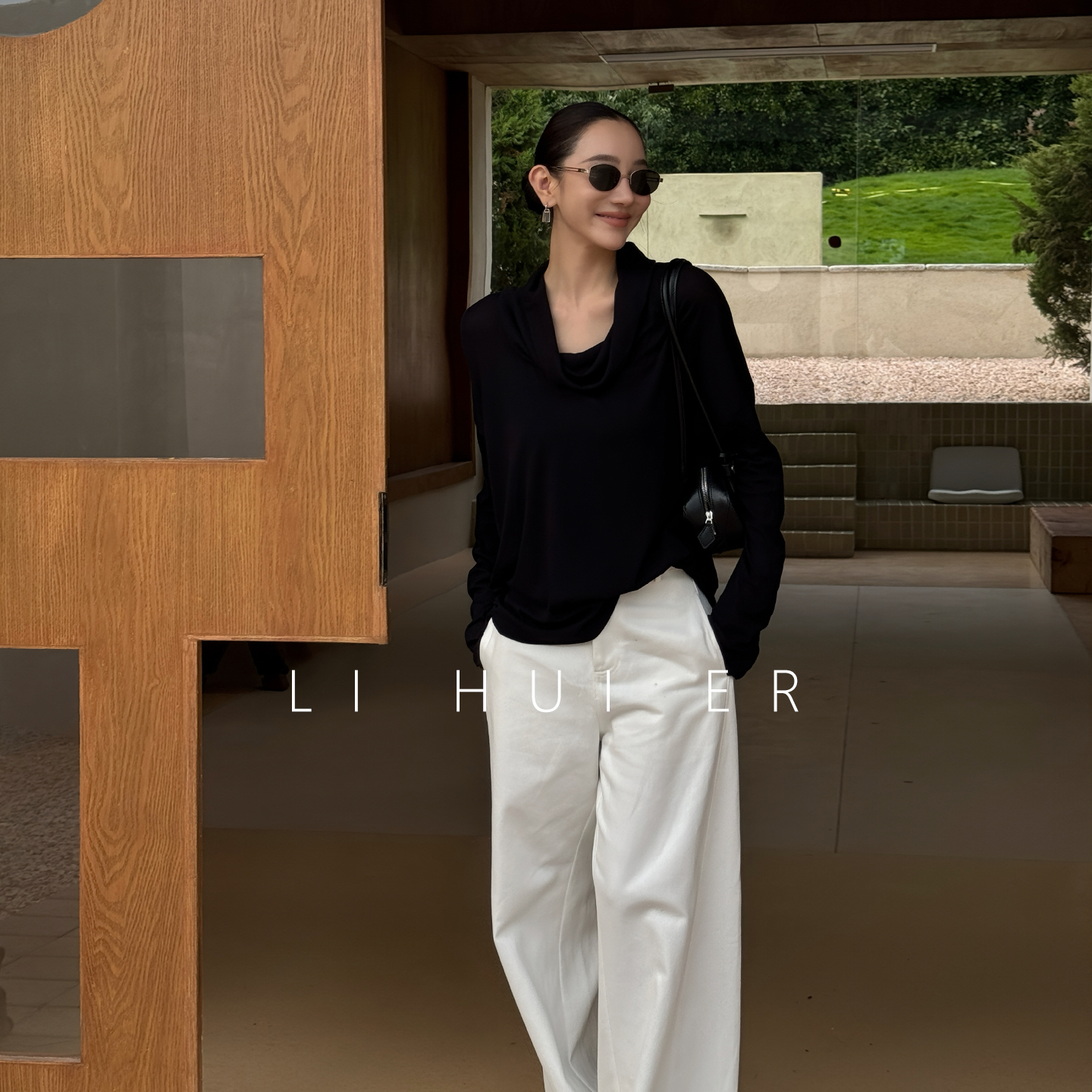 LiHuiEr李慧儿【锦月书】 秋季休闲设计小众黑色荡领T恤J-YC-711