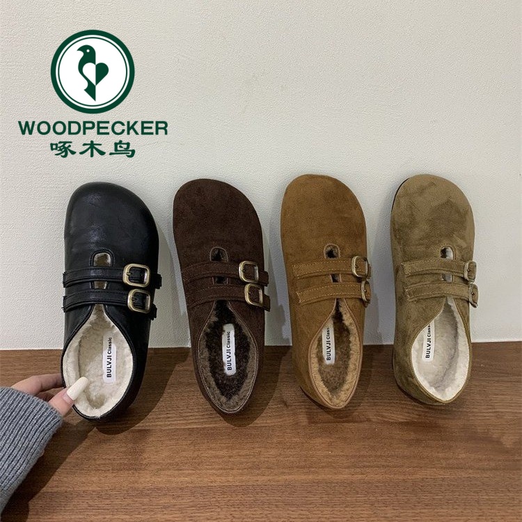啄木鸟复古搭扣加绒豆豆鞋女秋冬新款皮带扣乐福毛毛鞋通勤棉鞋