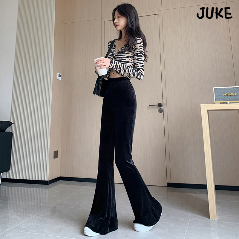金丝绒喇叭裤女秋冬2025款松紧腰马蹄裤垂感宽松直筒拖地长裤