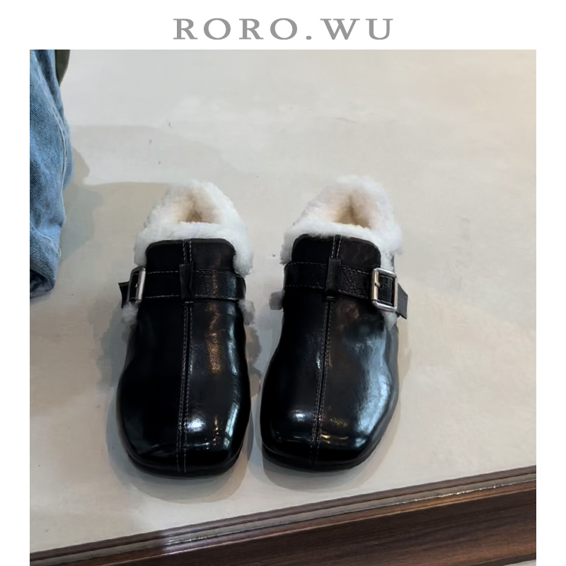 娆娆吴·胎牛皮英伦复古加绒保暖皮带扣棉鞋冬季新款毛毛单鞋女J01