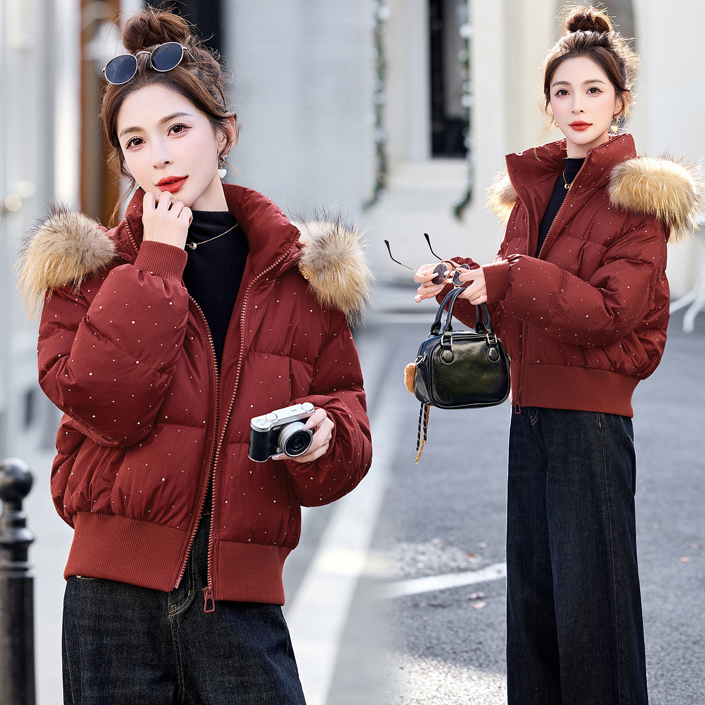 设计感毛领连帽短款羽绒服外套女冬2025新款白鸭绒小个子保暖外套