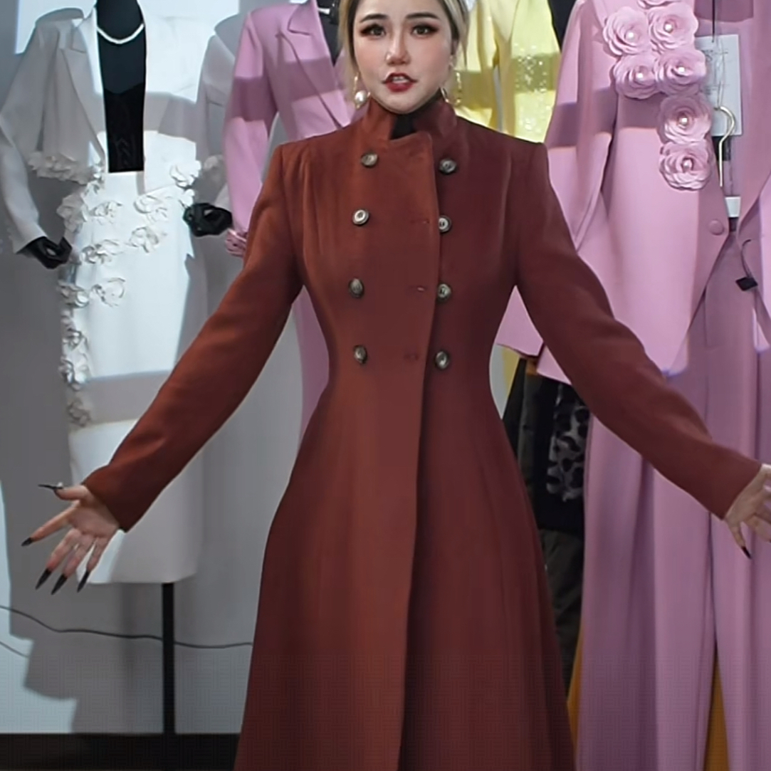 3015-G-7-1-2  轻奢优雅风双排扣毛呢大衣女长款收腰显瘦百搭外套