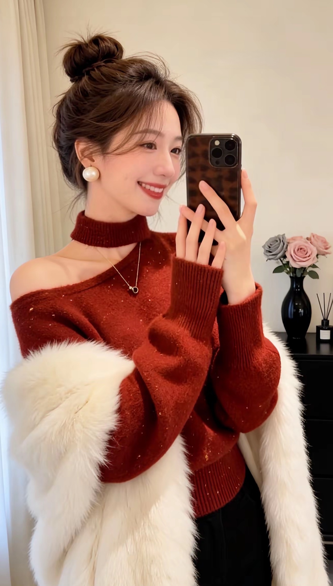 亮片细闪挂脖斜肩羊绒针织衫秋冬女软糯收腰保暖打底衫毛衣8017