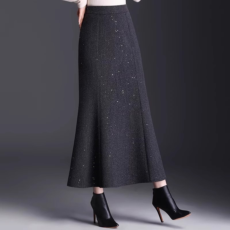 拉夏贝尔设计感亮片鱼尾裙女2025秋冬季新款时髦洋气长款半身裙子