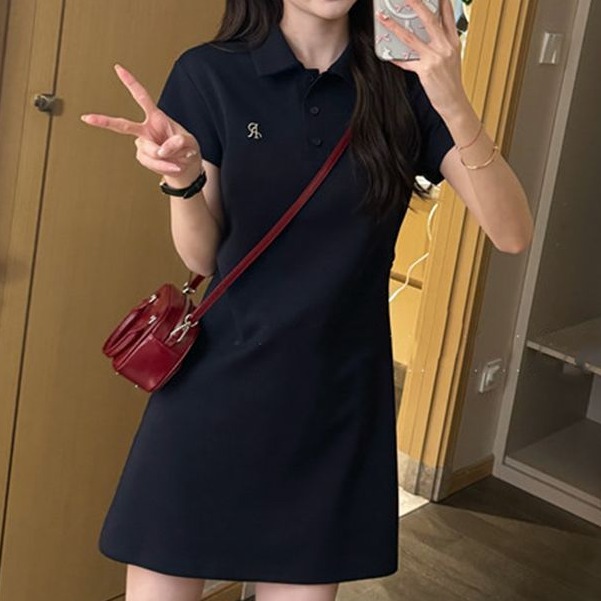 3065夏季小个子收腰显瘦连衣裙女POLO领休闲洋气新款减龄T恤裙