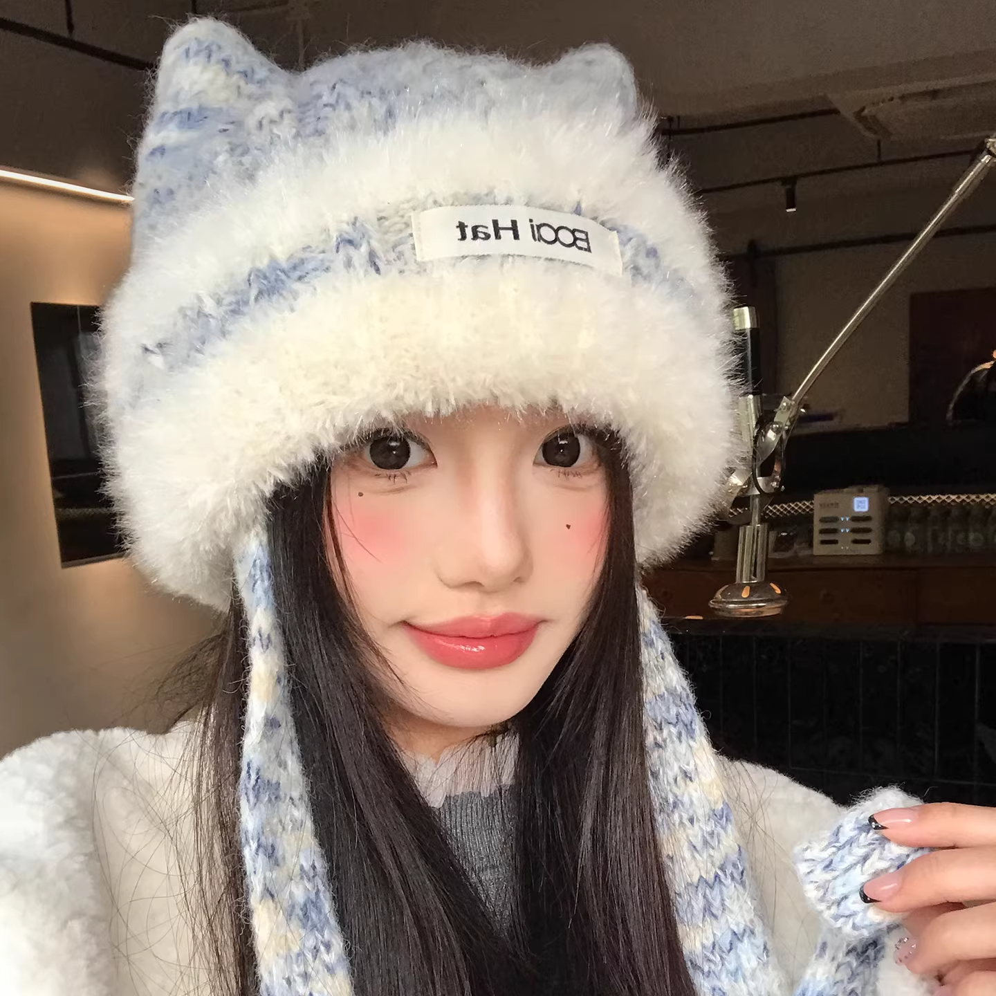 可爱猫耳朵绑带针织帽子女生冬季加厚保暖护耳帽防寒显脸小毛线帽