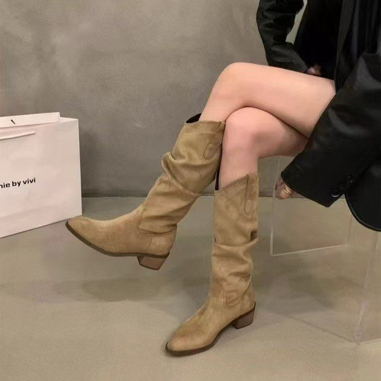 粗跟褶皱堆堆长筒骑士靴女鞋2025年新款秋夏季西部瘦瘦显瘦长靴子