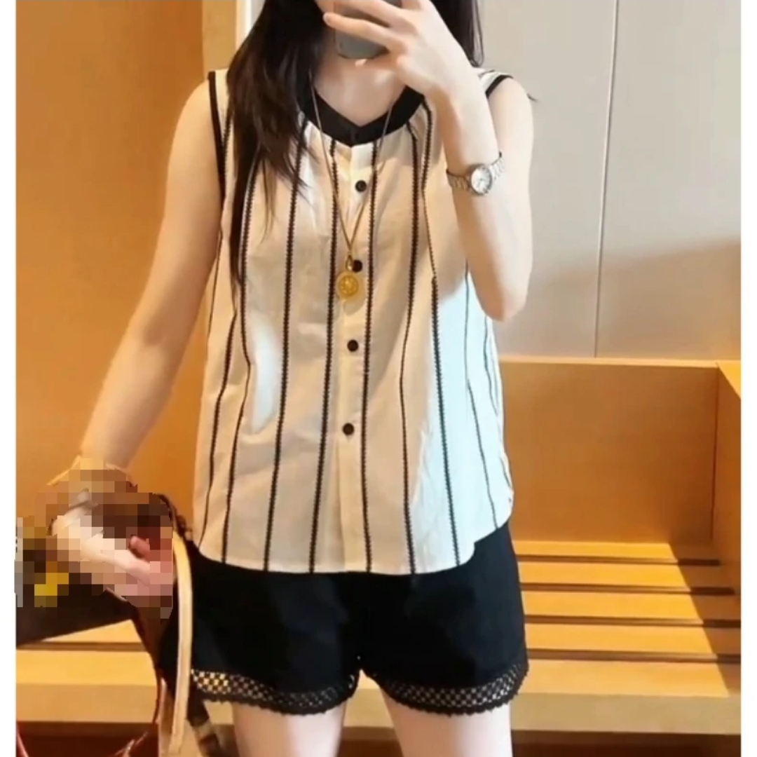 Y时尚百搭休闲潮流精品女装宽松薄款无袖小衫撞色上衣