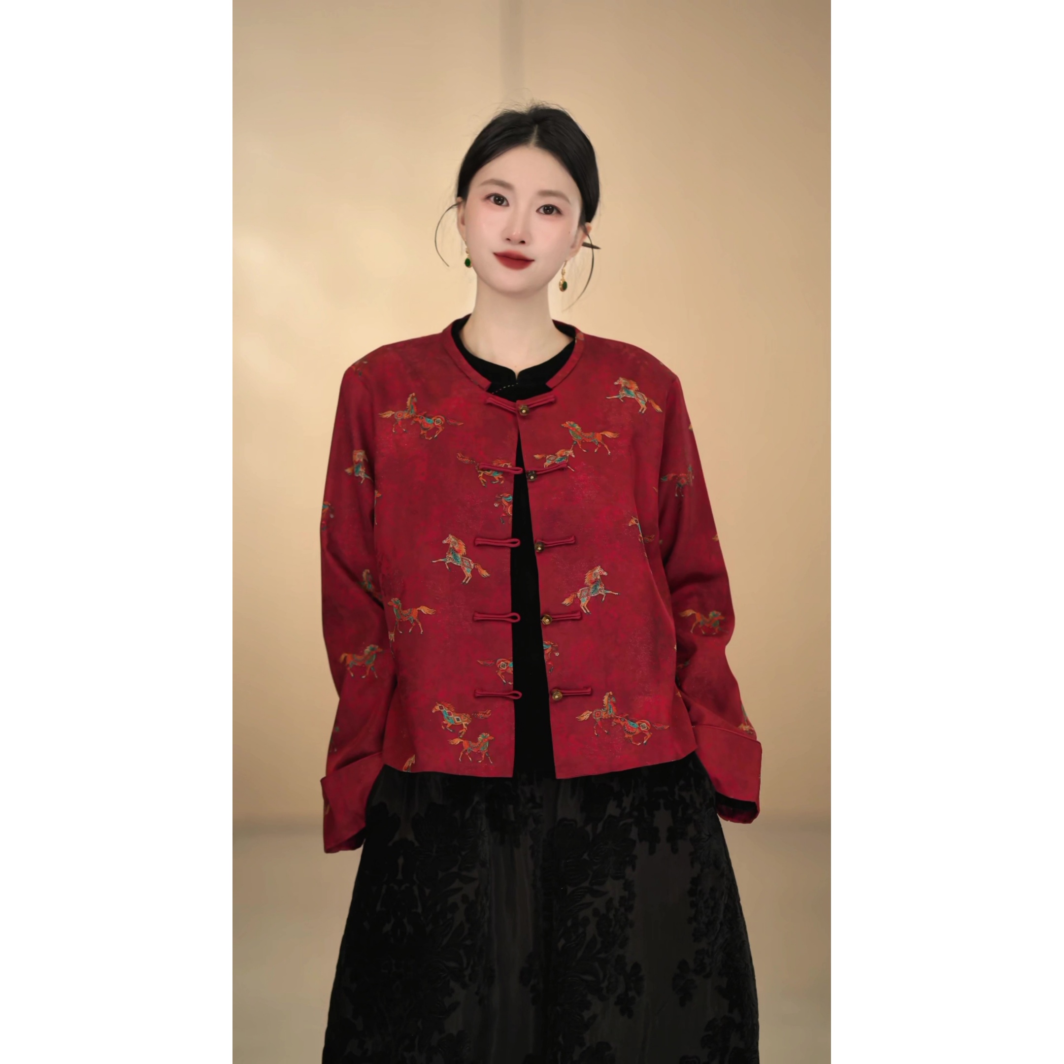 「马上如意」新中式网红复古圆领红色喜庆宽松长袖上衣开襟短外套