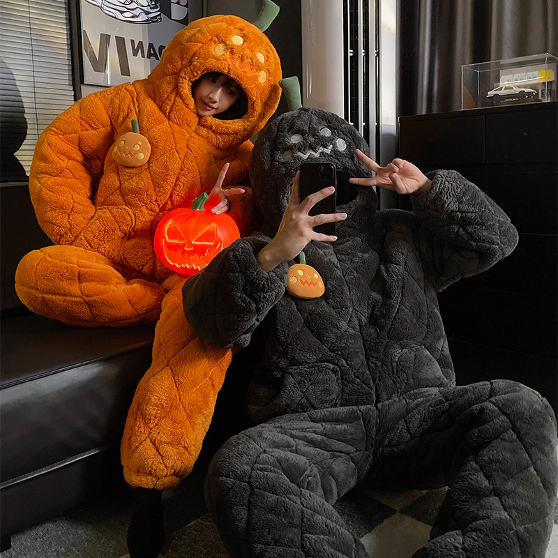 南瓜情侣睡衣男女新款珊瑚绒加绒加厚三层夹棉连帽冬天家居服套装