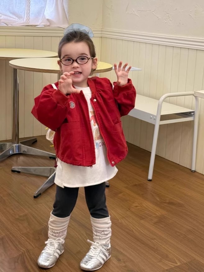 女童秋装2025秋季新款韩版后背卡通猫红色夹克外套红色T恤两件套