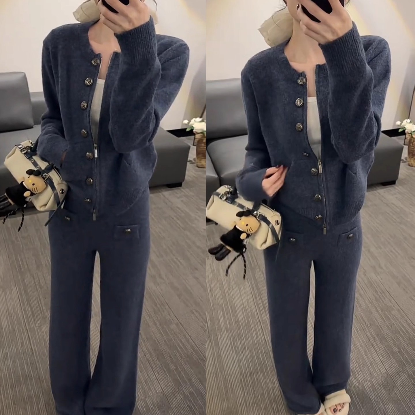 秋冬巨好看的一整套穿搭女新款单排扣针织开衫+高腰休闲裤两件套