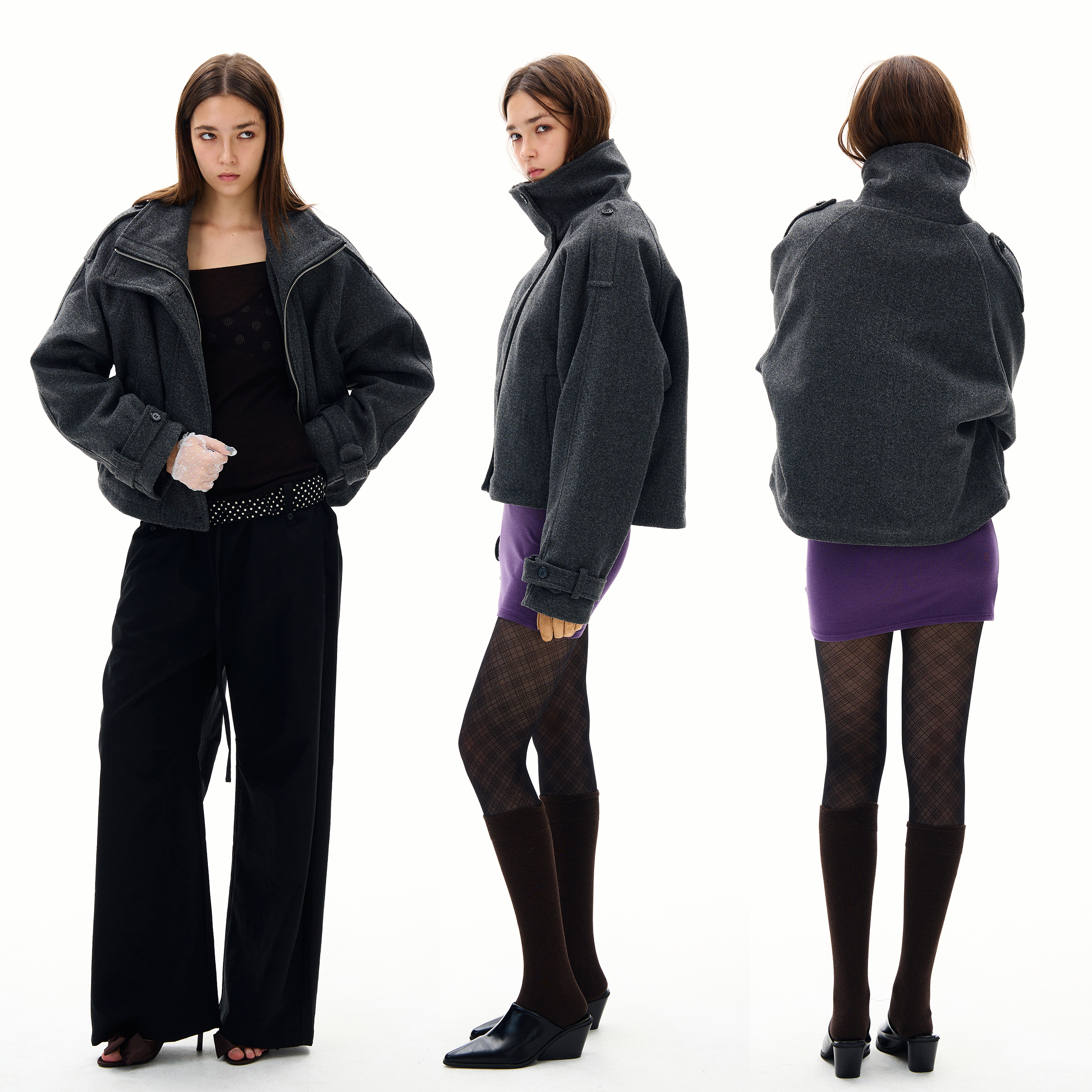尾郎的店立领解构毛呢棉服女高级感灰色设计经典廓形夹棉保暖外套