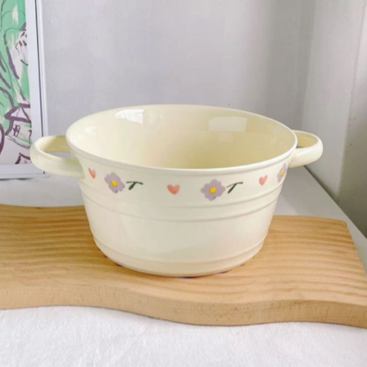 紫藤花双耳陶瓷汤锅碗家用奶油大容量水桶碗泡面碗高颜值碗盘餐具