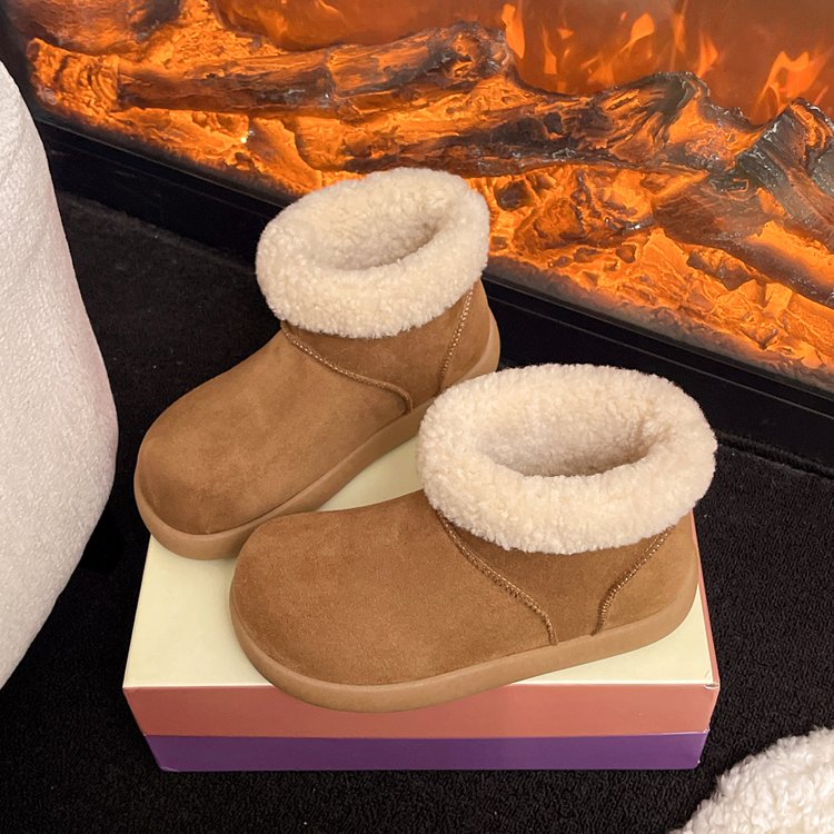 足主流2025新款冬季女短筒靴时装靴牛反绒加绒加厚保暖百搭雪地靴