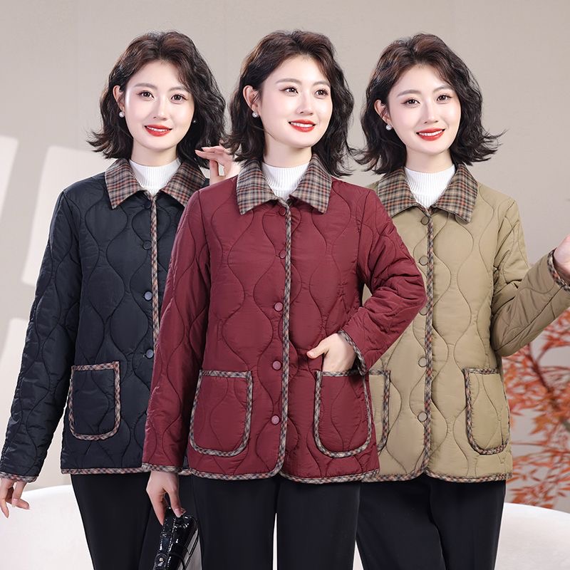 【格子领】妈妈秋冬外套新款休闲时尚加厚小棉衣中老年翻领减龄棉衣
