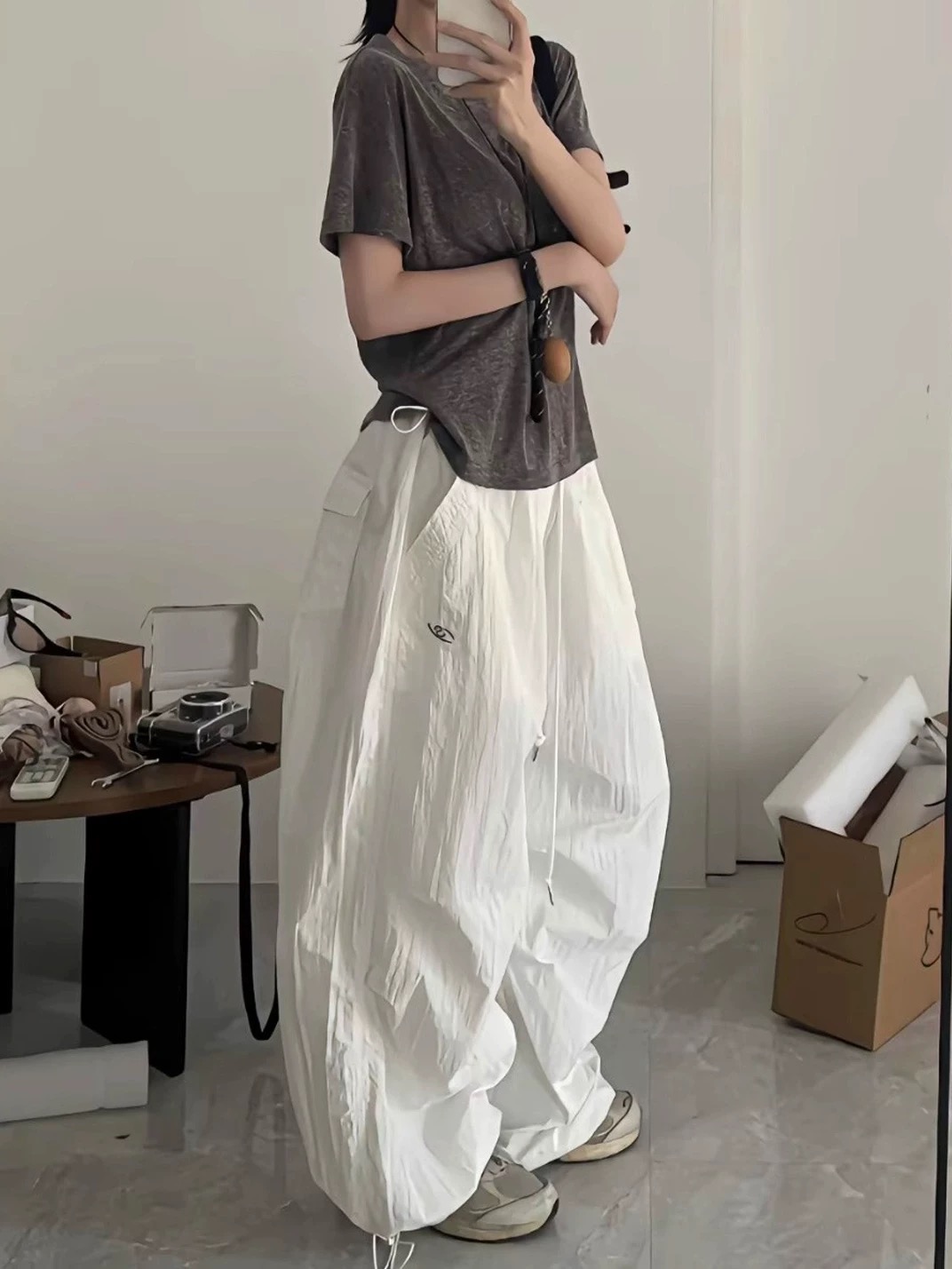 美式廓形降落伞白色工装裤女夏季速干抽绳宽松皱褶口袋休闲阔腿裤