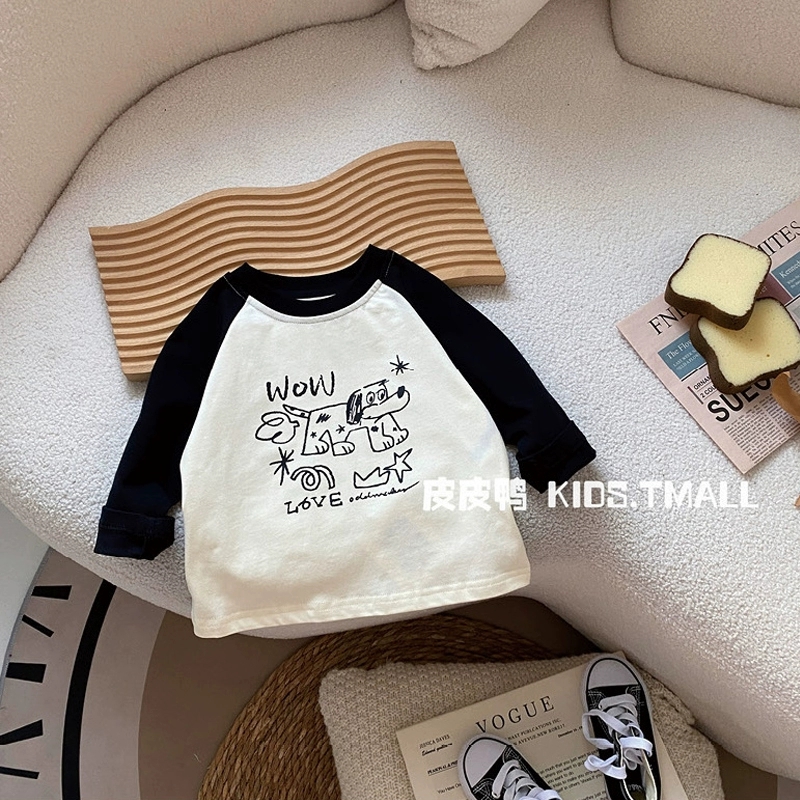 男女儿童洋气撞色拼接长袖t恤春秋季中小童卡通棉宽松百搭上衣