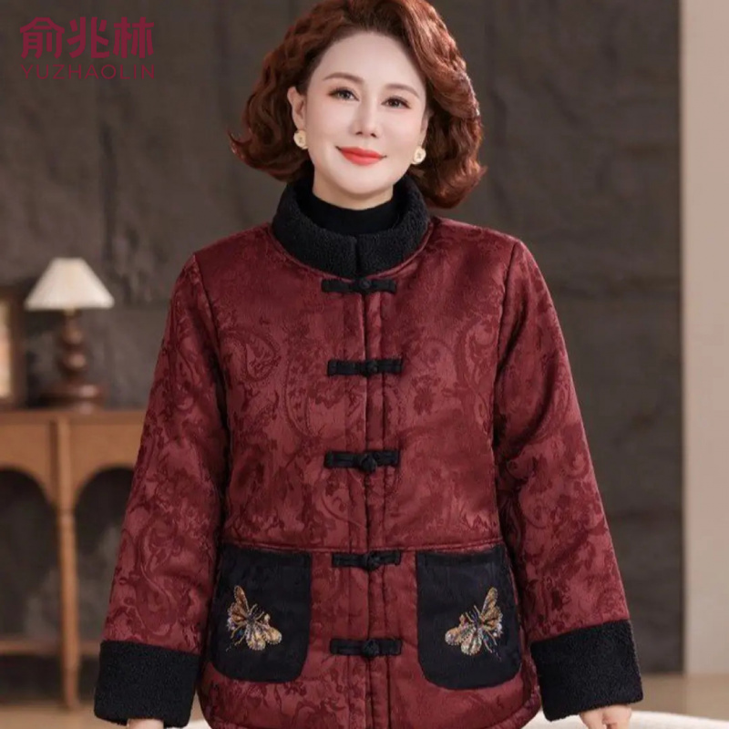 俞兆林冬季加厚中式复古拼接中老年女装外套妈妈保暖口袋珠绣棉服