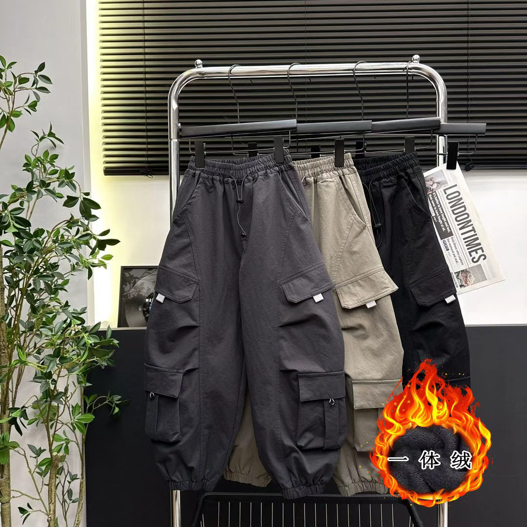 加绒加厚纯棉男童裤子2025新款中大童一体绒长裤儿童工装裤洋气