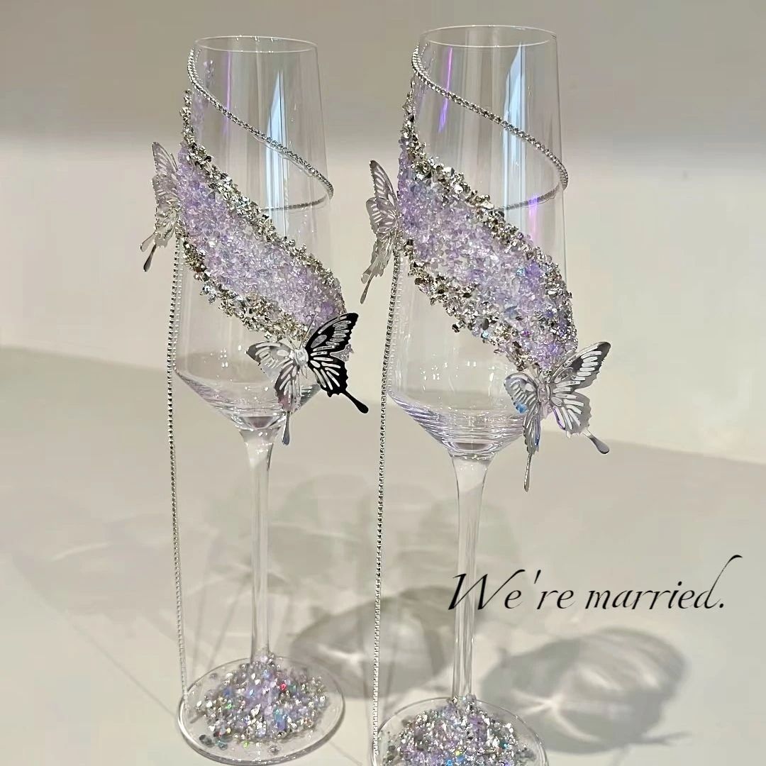 紫色流苏碎砖蝴蝶敬酒杯手工diy材料包婚礼高级感香槟杯高杯