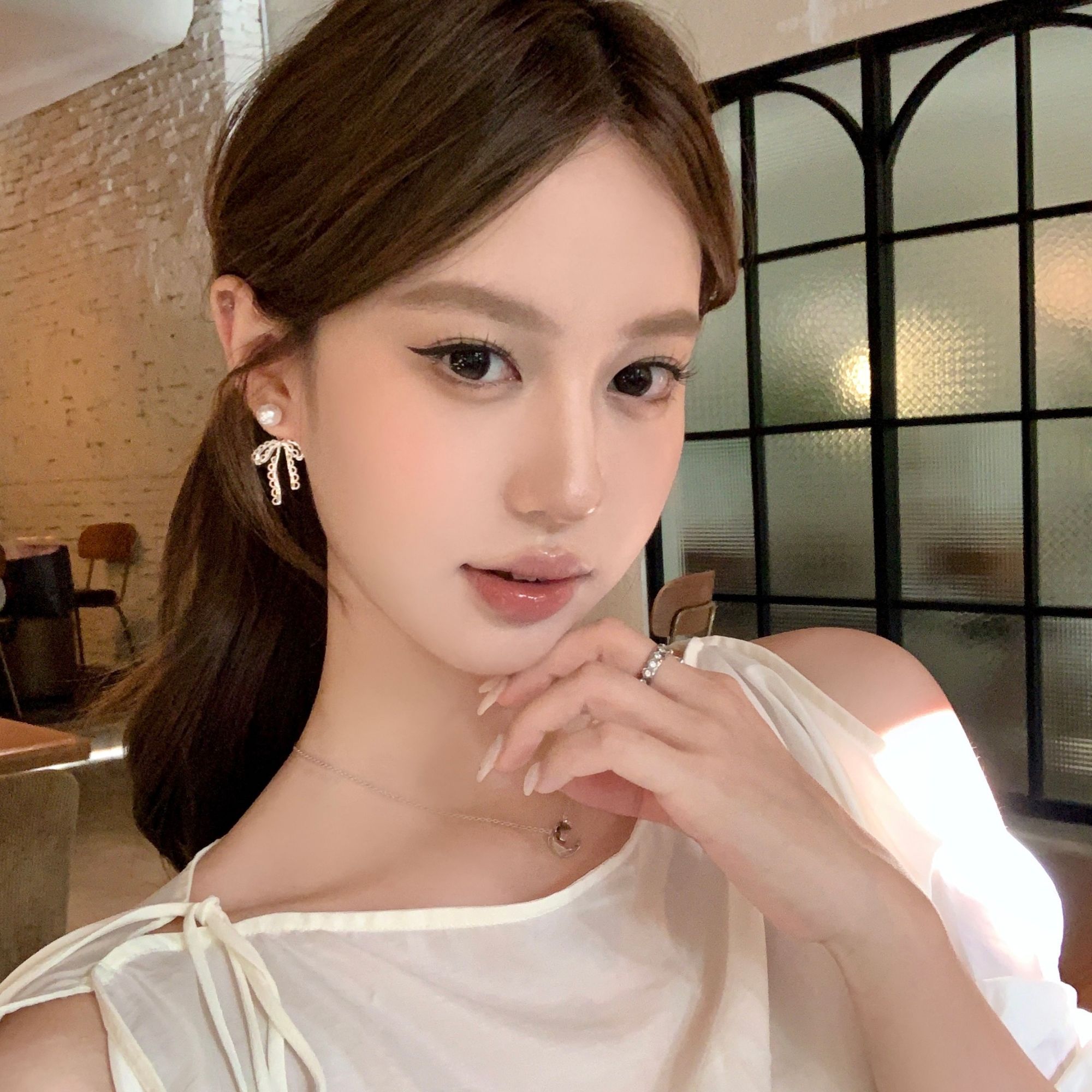 合金仿珍珠耳饰 赫拉小姐 后挂式蕾丝蝴蝶结珍珠耳钉芭蕾风耳饰女