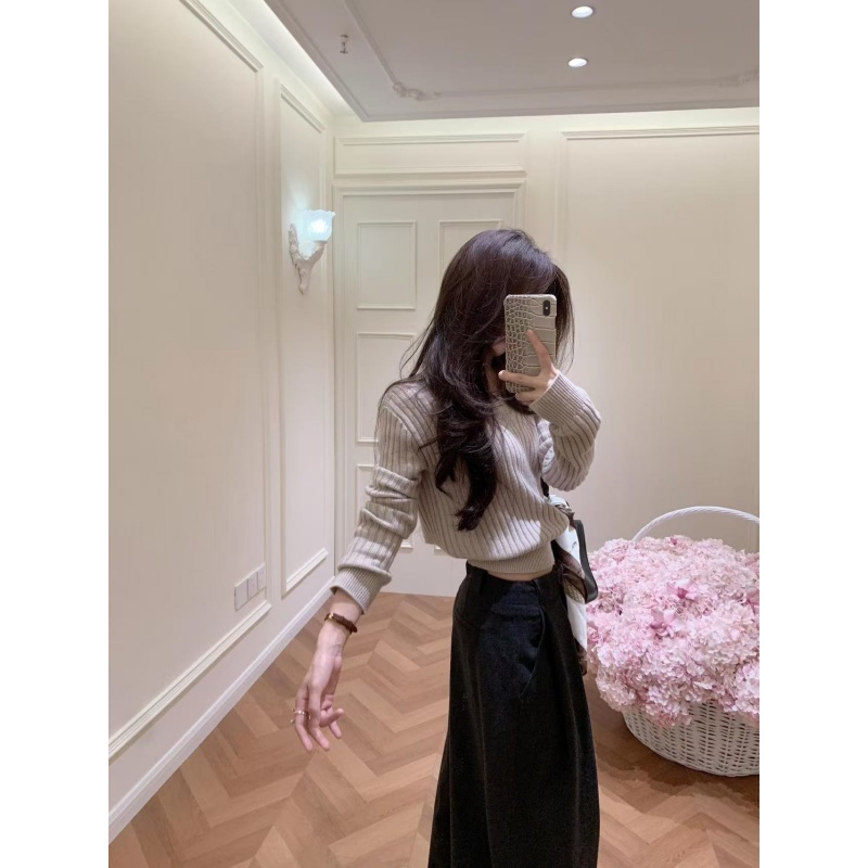 设计感时髦气质收腰显瘦长袖针织衫秋冬高腰休闲垂感阔腿长裤套装