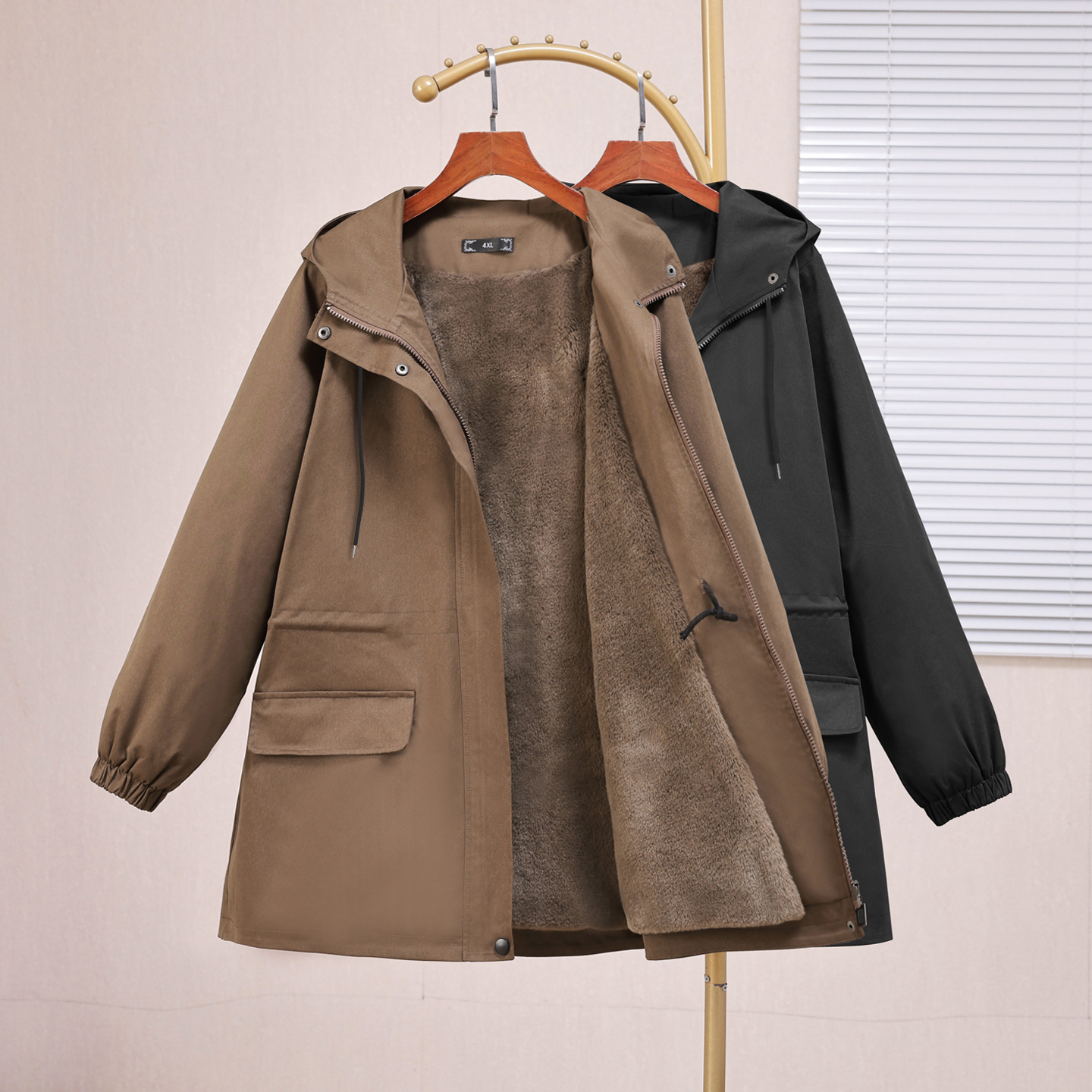 25084T加绒连帽外套女胖mm大码女装加厚冬季新款洋气显瘦保暖上衣