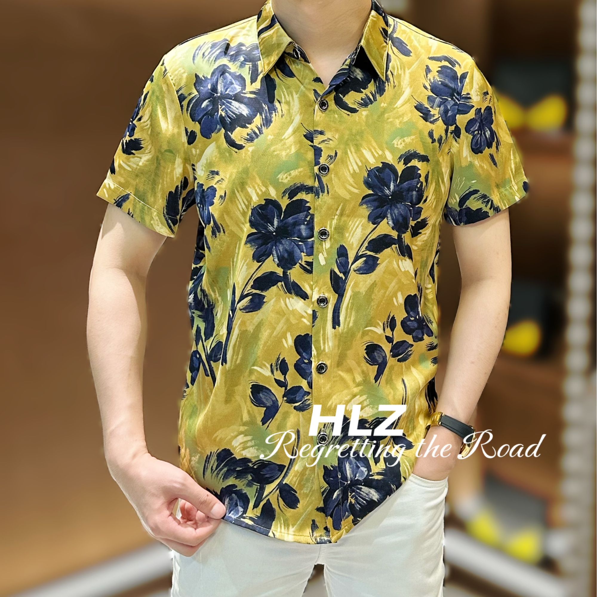 2025夏季新款男士休闲时尚百搭花朵印花百搭修身薄款翻领短袖衬衫