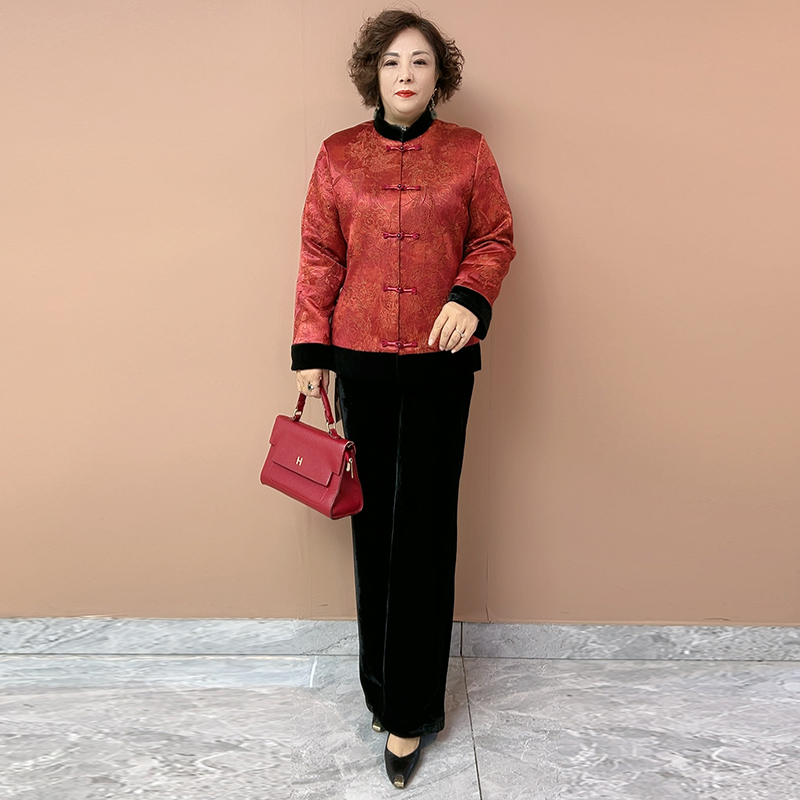 H秋冬新款妈妈装丝绒复古棉服中老年加厚保暖唐装棉衣大码外套
