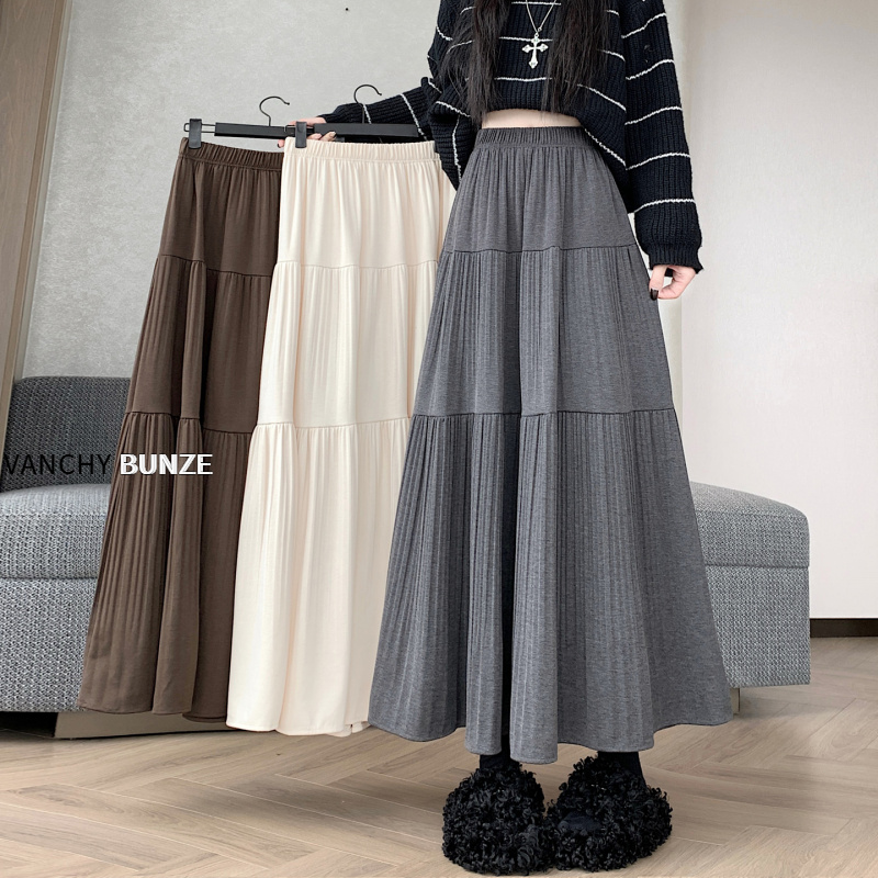 BUNZE毛呢百褶裙蛋糕半身裙女秋冬新款高腰显瘦垂感中长款a字大摆