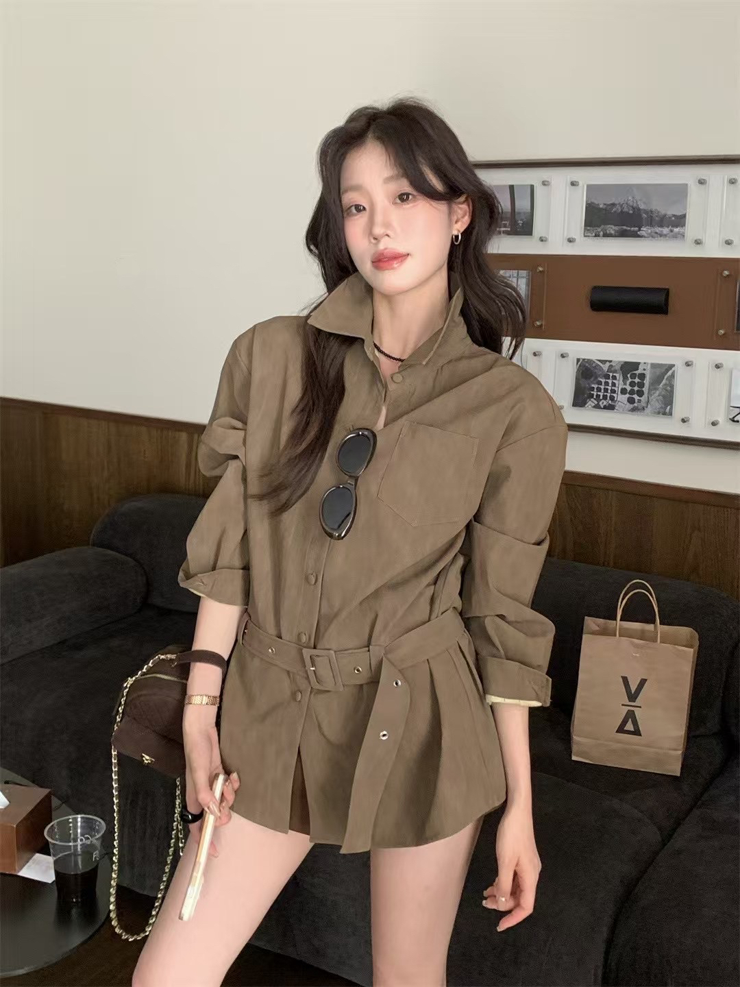 望野集WIdset（焦糖）出游服饰女翻领宽松型复古秋季INS风衬衫9033#