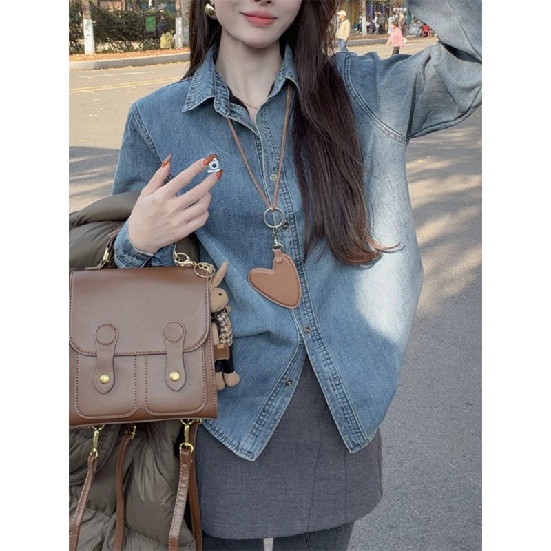 韩系复古羊羔毛翻领牛仔派克棉衣棉服外套女冬季2025新款精致外套