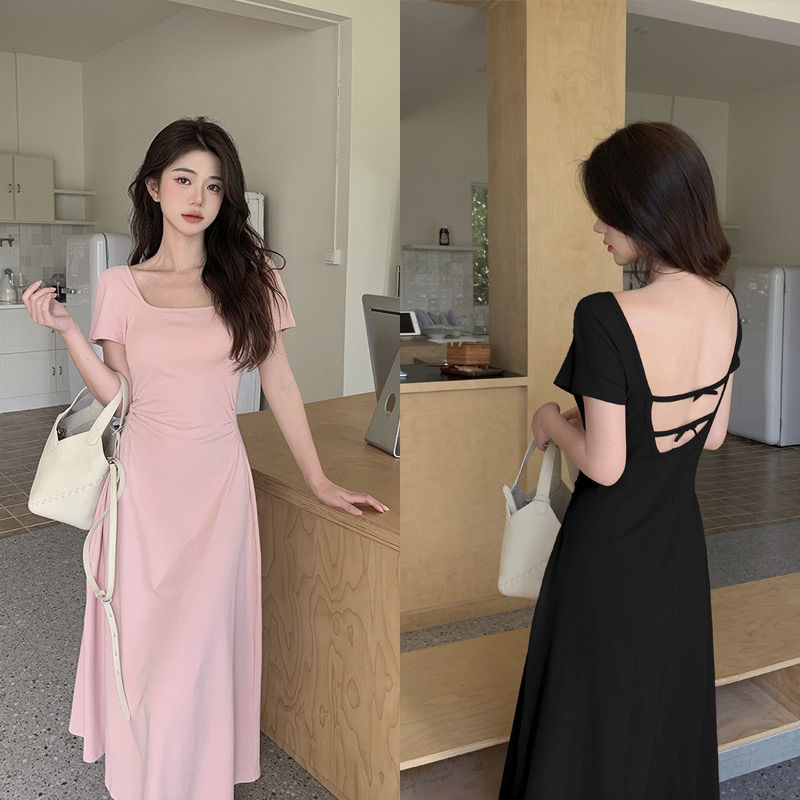 夏季新款短袖收腰显瘦包臀连衣裙后背镂空蝴蝶结中长款裙子