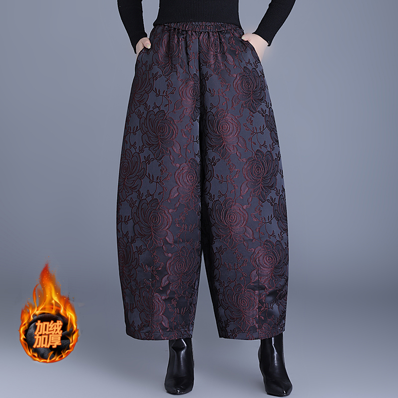 国风冬季浮雕女裤玫瑰提花夹棉加厚阔腿裤九分花苞绒裤休闲裤