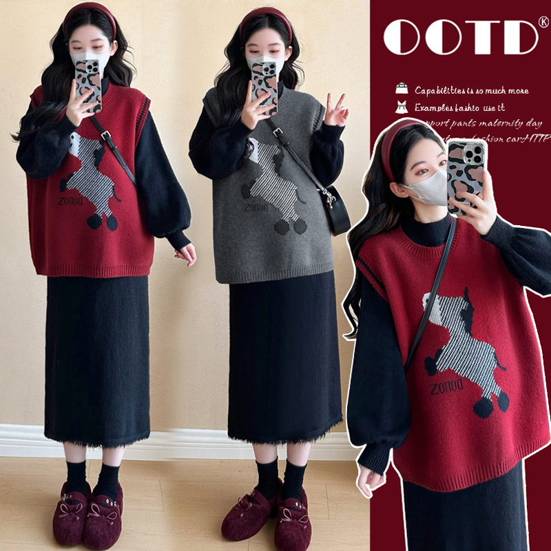 孕妇装秋装2025新款秋冬外穿大码时尚减龄显瘦马甲流苏打底连衣裙