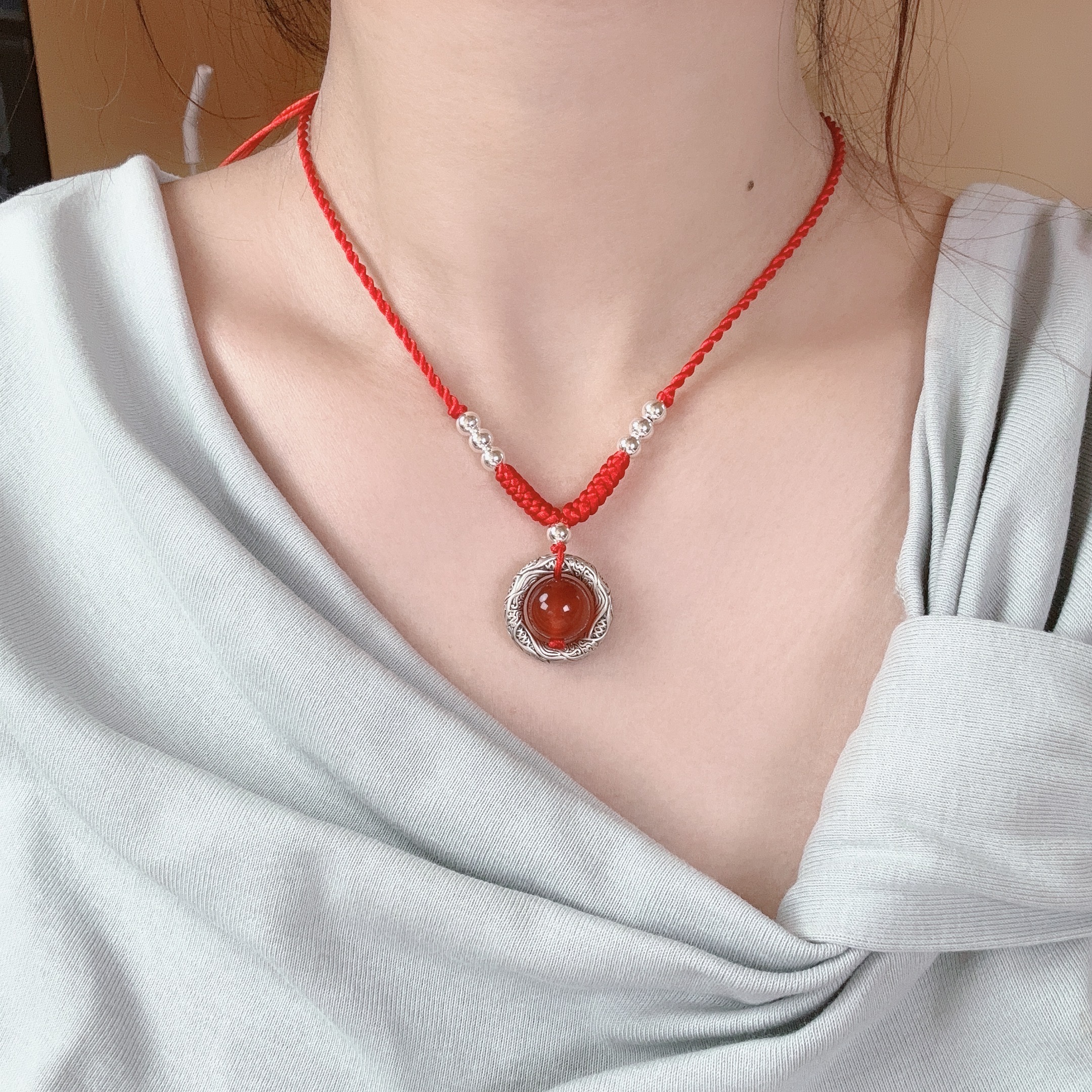 吊坠足银 吊坠足银999相思豆乾坤圈平安扣编绳项链手工坠链锁骨链