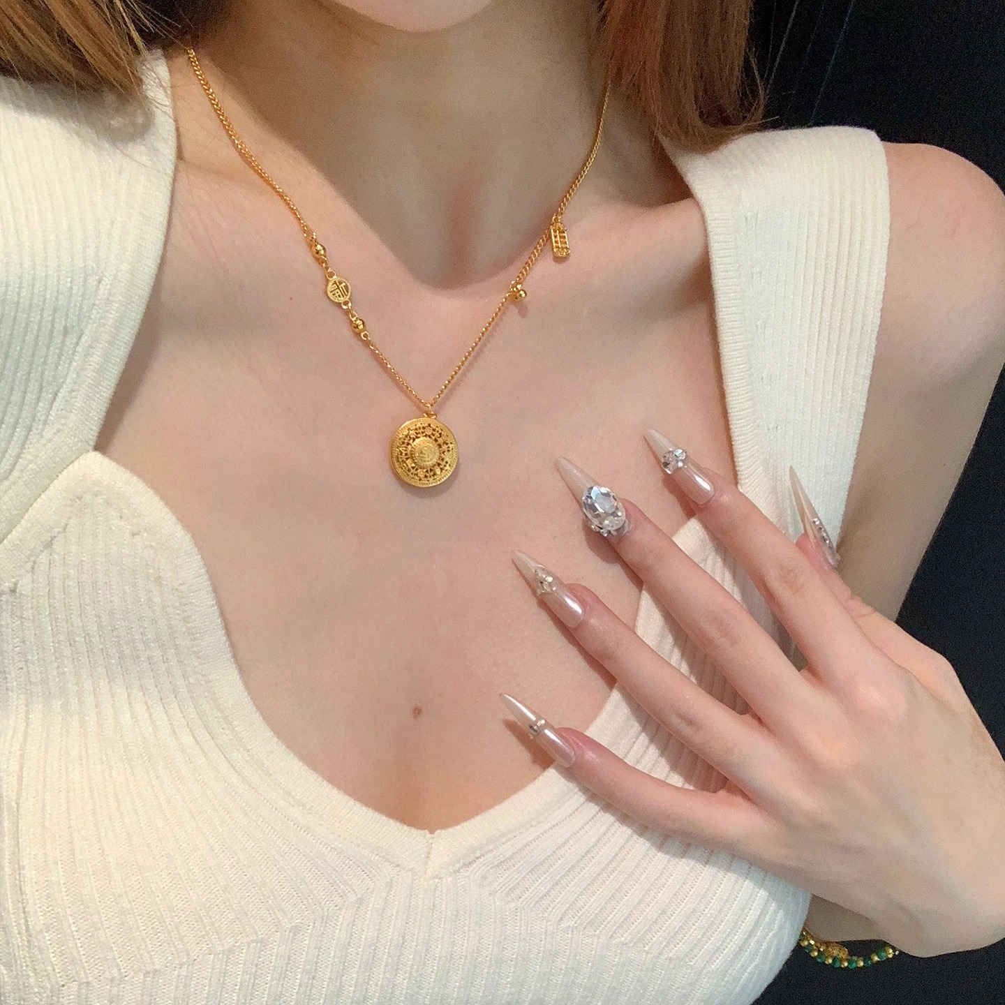 铜合金项链 新中式古法镂空八宝罗盘项链女高级感颈链配饰锁骨链