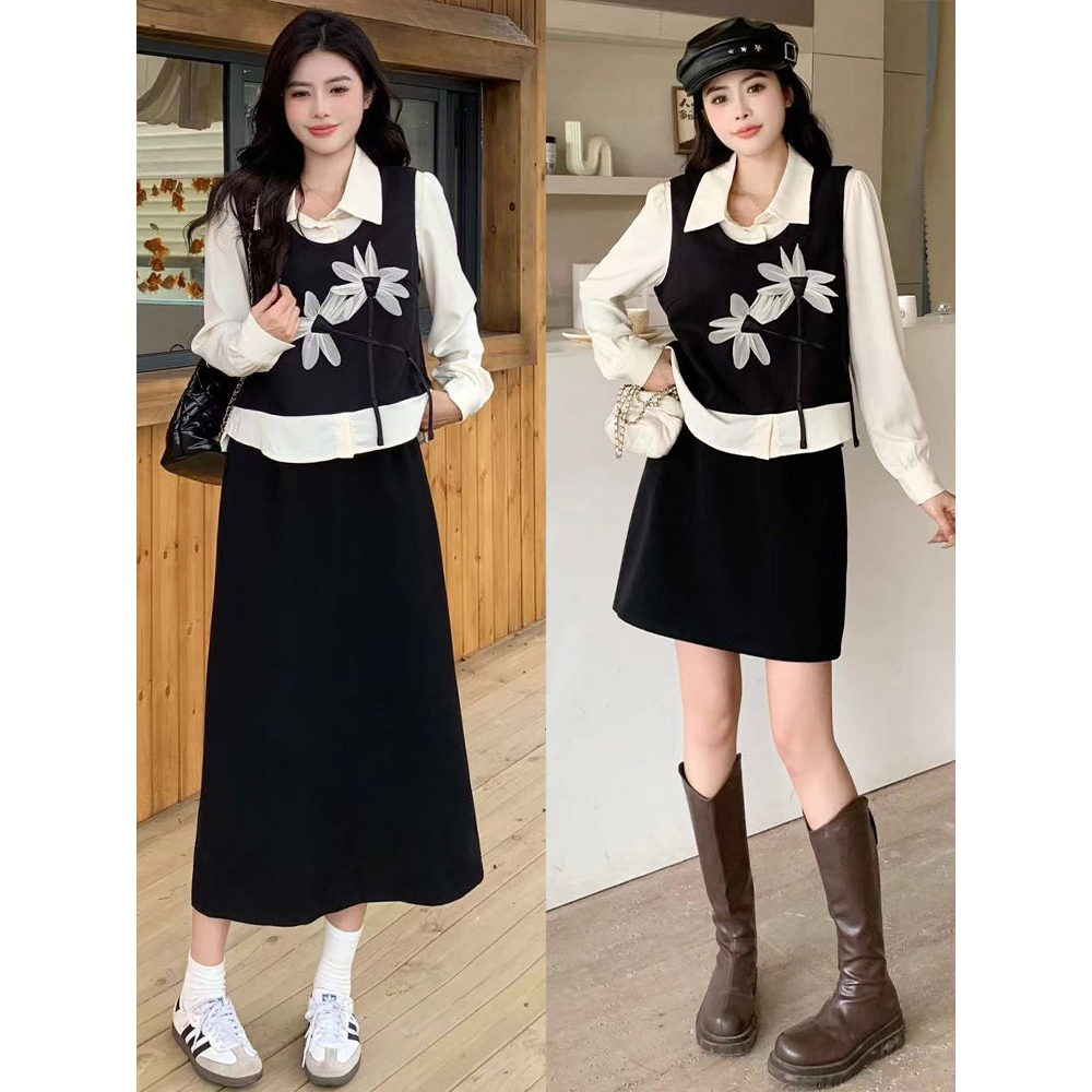 大码女装独特绝美套装裙秋季假两件上衣胖MM遮肉显瘦半身裙两件套