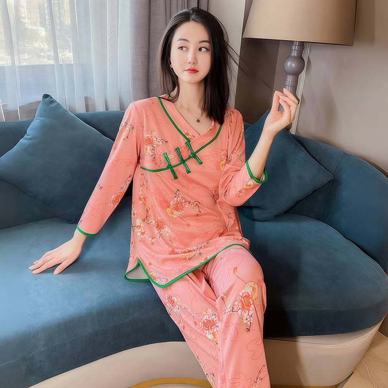秋冬新款网红德绒睡衣女宽松印花中国风盘扣时尚大码家居服套装
