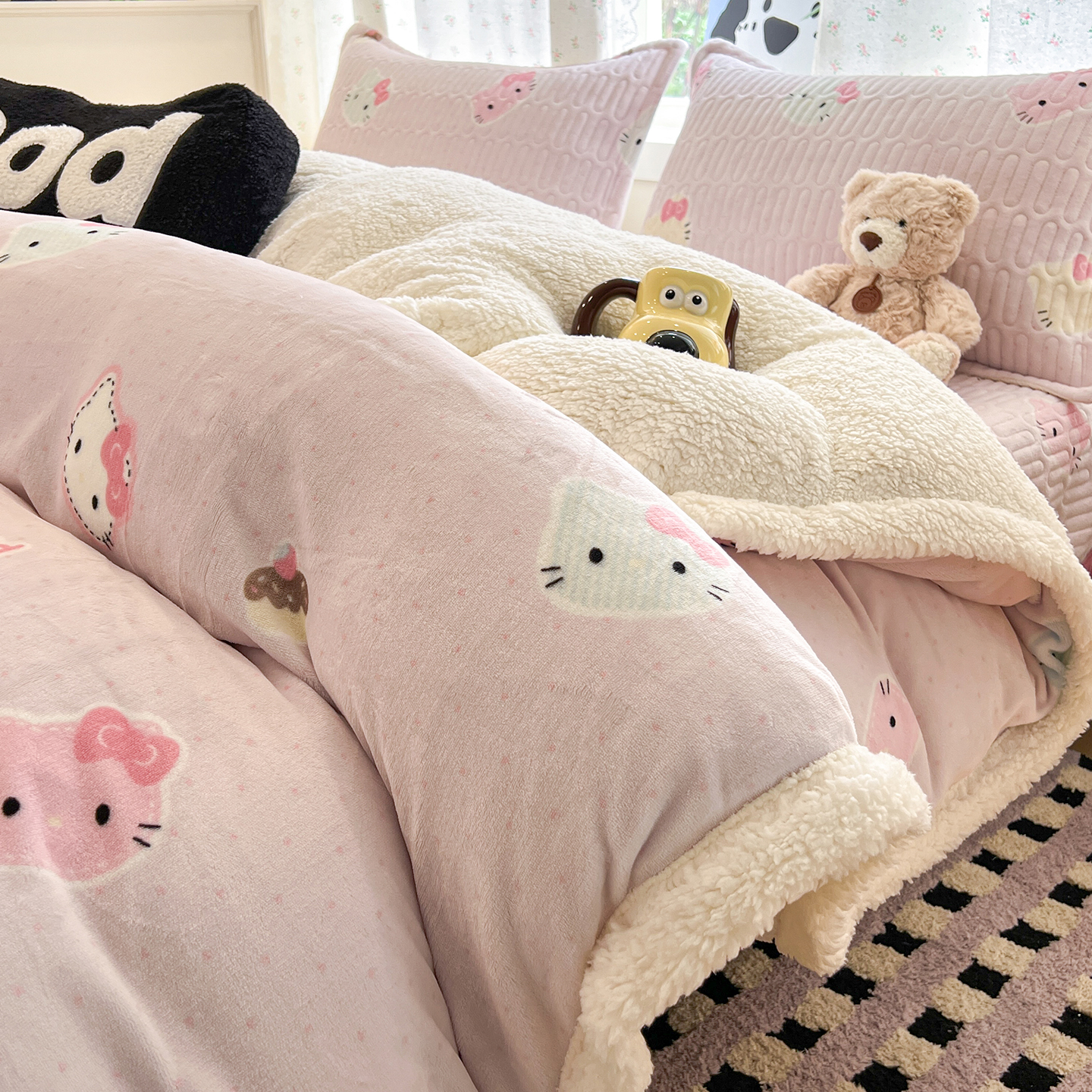 卡通羊羔绒床盖四件套冬季加厚保暖牛奶珊瑚绒被套三件套床上用品