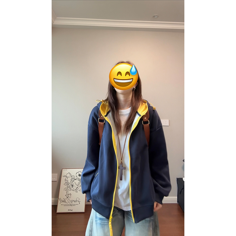 cleanfit美式复古慵懒风拼接撞色卫衣外套男款秋季连帽开衫宽松