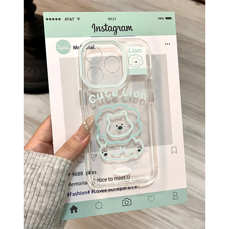 绿色线条狮子头适用iPhone15苹果14透明手机壳13promax全包16硅胶